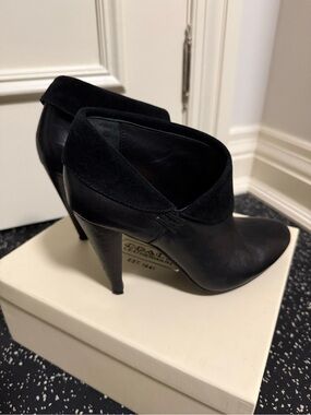 Coach Black Leather Fold-Over Collar Pointed-Heel Booties